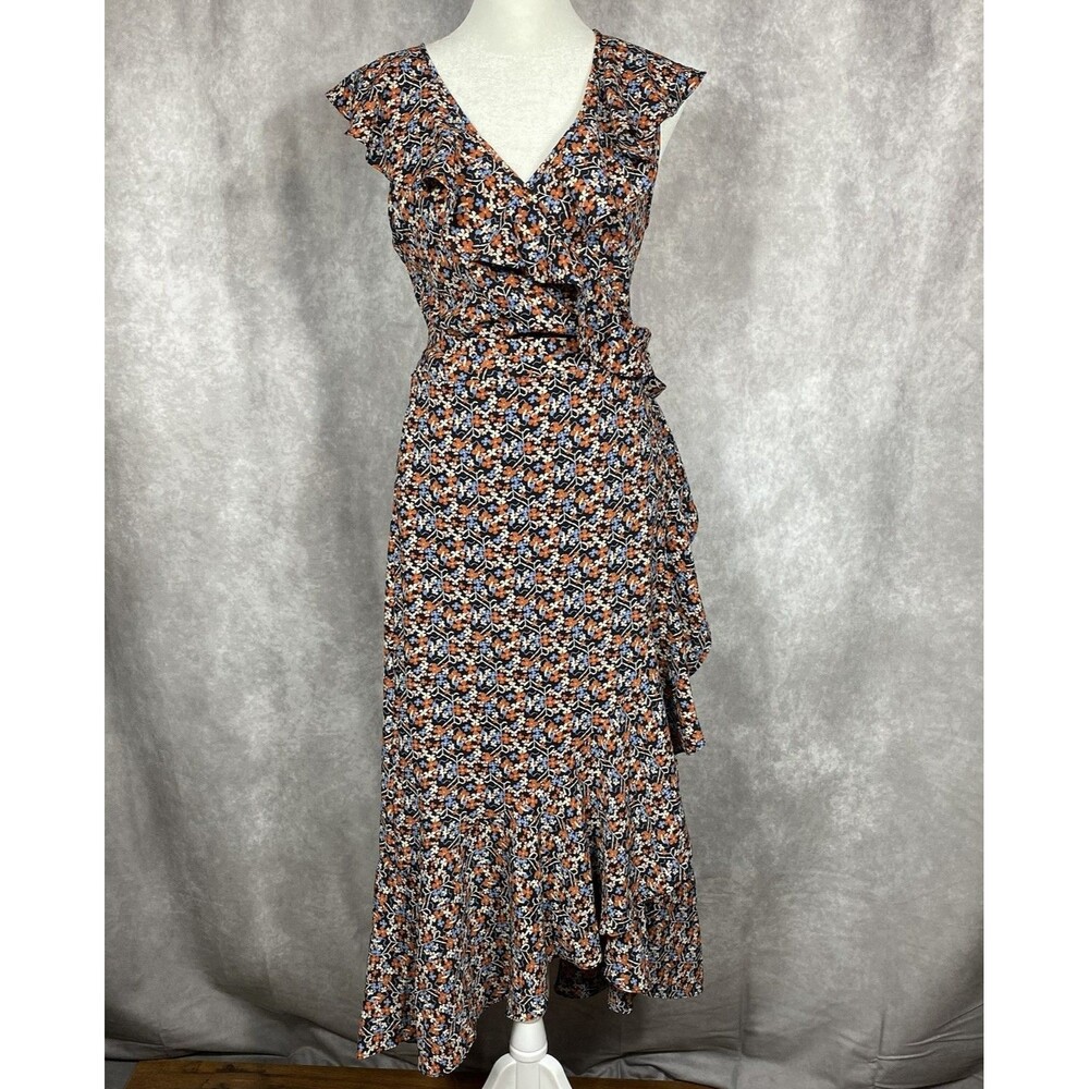 Max Studio Red Floral Maxi Wrap Dress Ruffled V Neck Cottagecore Romantic Sz M